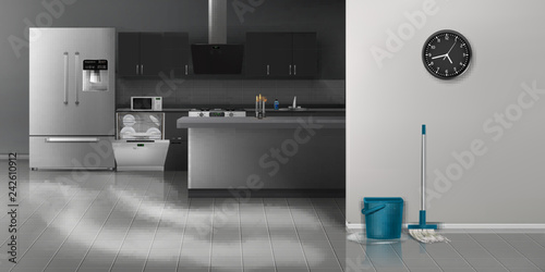Modern kitchen cleaning realistic vector household background with clean kitchen appliances and furniture in minimalistic design interior, mop with bucket of water on washed tiled floor illustration