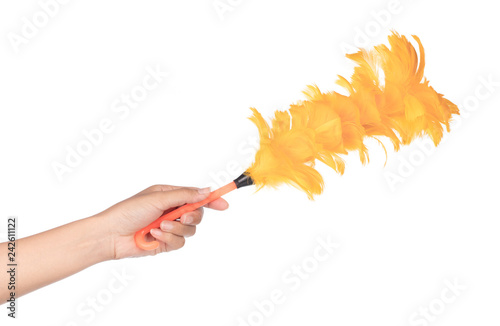 hand holding yellow feather for clean duster isolated on white background