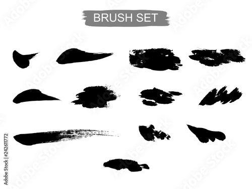 Set of black paint, ink brush strokes, brushes, lines.