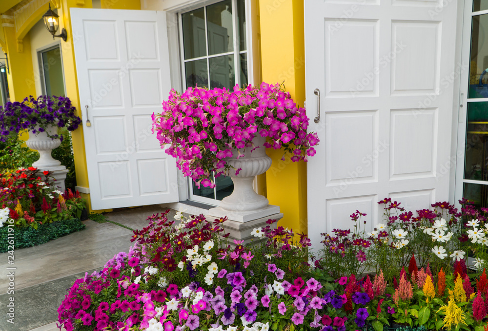 Flowers arrangement in style of a mini garden decoration and a big vase of pink geranium color the entrance with the front door open background and copy space.