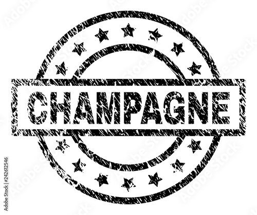 CHAMPAGNE stamp seal watermark with distress style. Designed with rectangle, circles and stars. Black vector rubber print of CHAMPAGNE caption with unclean texture.
