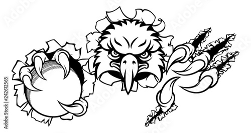 An eagle bird cricket sports mascot cartoon character ripping through the background holding a ball
