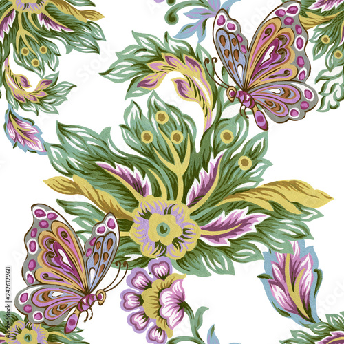 Seamless pattern with abstract fantasy flowers and leaves Paisley and Butterfly or Damask jacobean style Watercolor Gouache