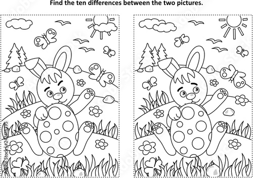 Easter holiday themed find the ten differences picture puzzle and coloring page with bunny and painted egg, rural scene
