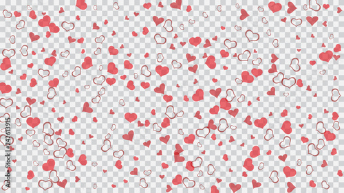 Red hearts of confetti crumbled. Part of the design of wallpaper, textiles, packaging, printing, holiday invitation for birthday. Spring background. Red on Transparent fond Vector.