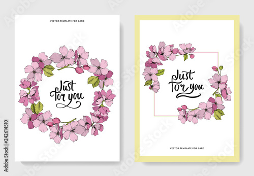 Vector Pink apple blossom floral botanical flower. Engraved ink art. Wedding background card floral decorative border.