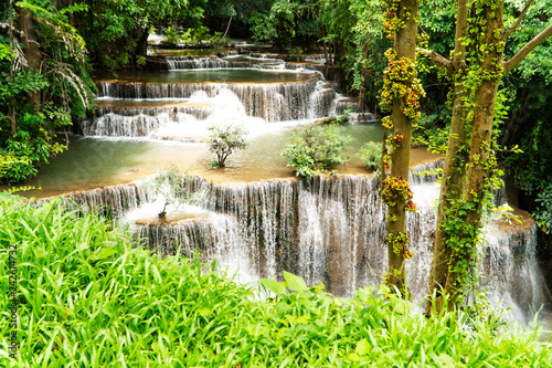 Waterfall, Huay Maekamin at tier 4 in a national park of Kanchanaburi province, Thailand, Asia with scenic view of beautiful natural environment including rare plants and wildlife.