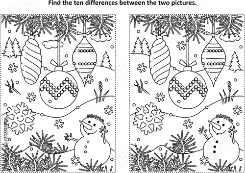 Winter holidays, New Year or Christmas themed find the ten differences picture puzzle and coloring page with christmas tree ornaments and snowman.
