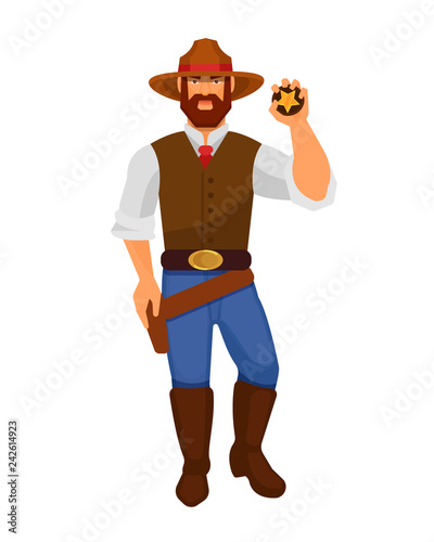 Character cowboy men from western, with guns and sign sheriff.
