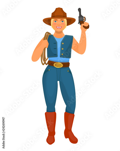 Character cowboy woman from the western, with guns and lasso.