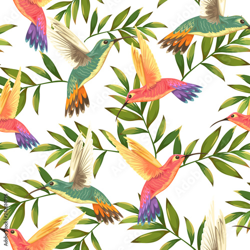 seamless tropical pattern with hummingbirds and palm leaves