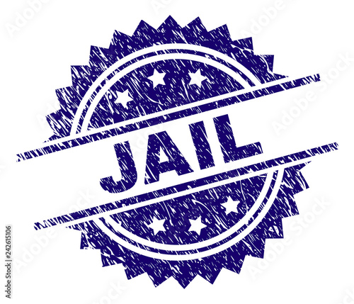 JAIL stamp seal watermark with distress style. Blue vector rubber print of JAIL text with corroded texture.