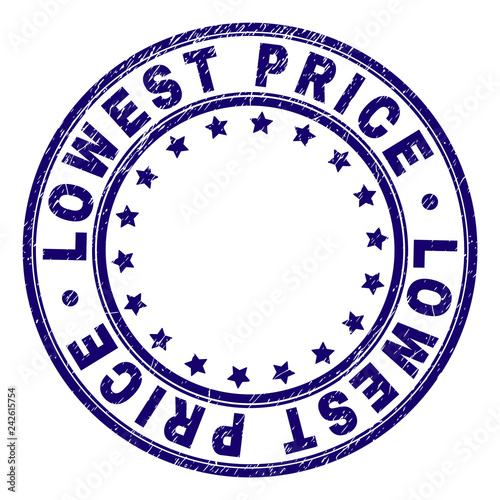 LOWEST PRICE stamp seal imprint with distress texture. Designed with round shapes and stars. Blue vector rubber print of LOWEST PRICE text with scratched texture.