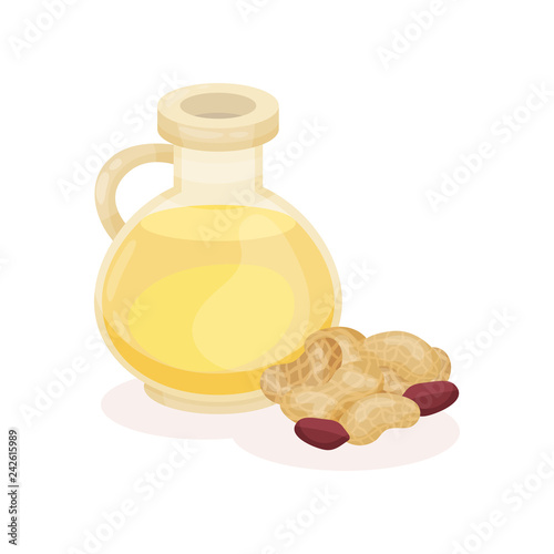 Glass bottle of peanut oil and heap of nuts. Natural cooking ingredient. Organic product. Flat vector design