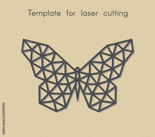 	
Template animal for laser cutting. Abstract geometric butterfly from triangle for cut. Stencil for decorative panel of wood, metal, paper. Vector illustration.