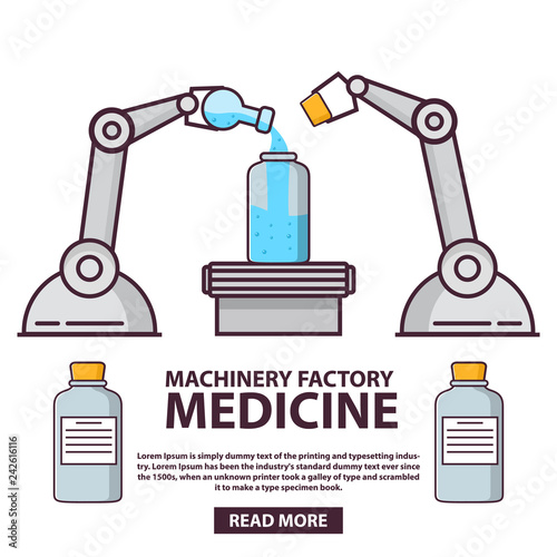 Medical laboratory.Robot arm medicine conveyor.Industrial robotic.Factory line.Laboratory test tube.Automatic industrial plant.Medication concept mixture and bottles.Flat line art vector.Chemical test