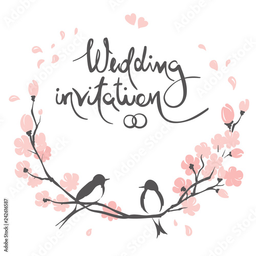 Wedding invitation, crad. Vector illustration, swallows on a flowering cherry branch