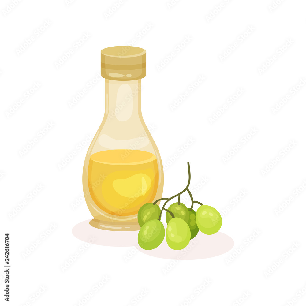Glass bottle of grape seed oil and branch with green berries. Natural product. Cooking ingredient. Flat vector icon Glass bottle of grape seed oil and branch with green berries. Natural product. Cooking ingredient. Flat vector icon