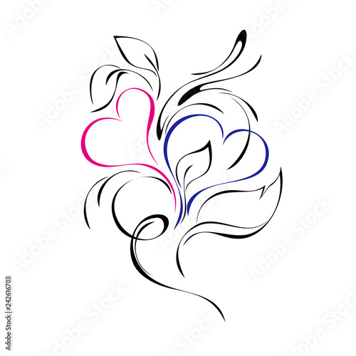 Fototapeta Naklejka Na Ścianę i Meble -  decorative ornament with pink heart and blue heart and leaves in black lines on white background