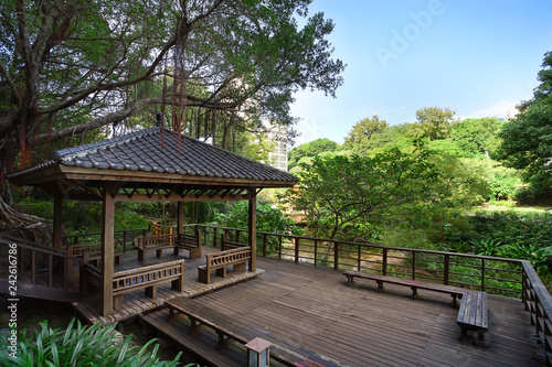 Peaceful scene of the pavilion in the garden, Beitou park.