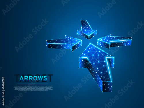 Arrows pointing in the middle. Business Technological success concept. Polygonal science Vector illustration. Neon Low poly. Connection wireframe mesh structure on dark blue background in RGB Color