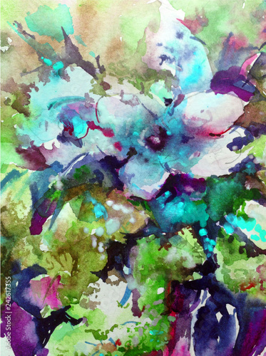Abstract bright colored decorative background . Floral pattern handmade . Beautiful tender romantic bouquet of spring flowers , made in the technique of watercolors from nature