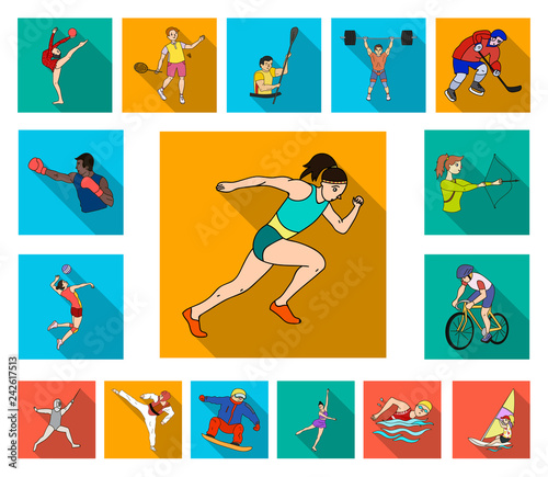 Different kinds of sports flat icons in set collection for design. Athlete, competitions vector symbol stock web illustration.