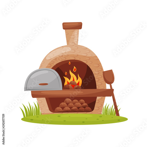 Wood-fired outdoor oven on green lawn. Farm stone furnace with burning firewood, wooden paddle. Cartoon vector design