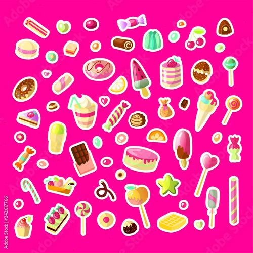 Sweet cartoon candy set. Collection of sweets, cartoon style. Jelly, candy, cakes, sweet donut and marmelade. Huge set of cartoon doodle form candies and sweets. Lollipop, cotton, donut and striped