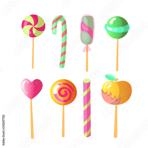 Set of bright vector candies. Set of colorful lollipops, cartoon illustration. Round and heart lollipop, caramelized apple, sweet candy cane isolated on white. Collection of sweet lollipops