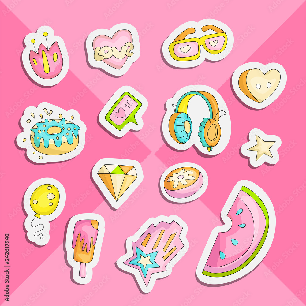 Cute funny Girl teenager colored stickers set, fashion cute teen and princess icons. Magic fun cute girls objects - watermelon, flower, diamond, headphones and other draw icon patch collection.