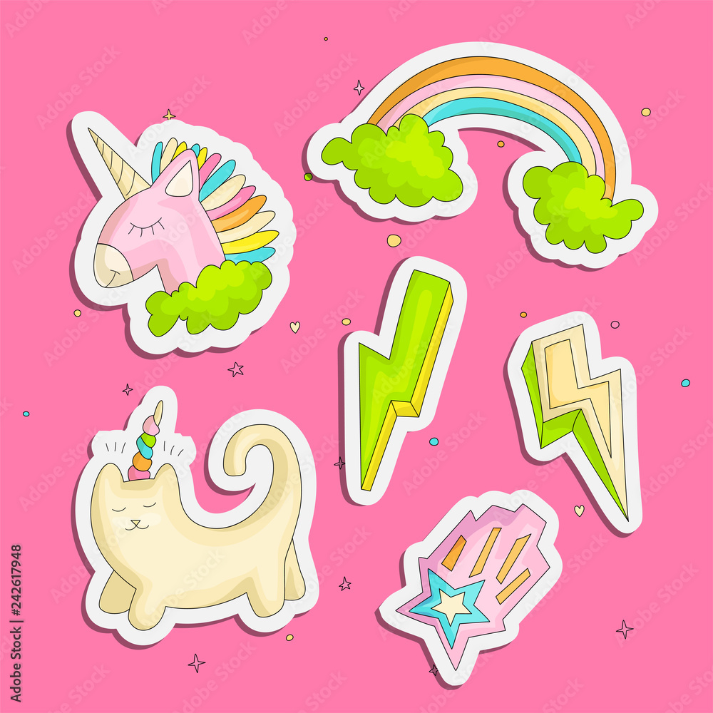 Cute funny Girl teenager colored stickers set, fashion cute teen and  princess icons. Magic fun cute girls objects - unicorn, lightning, rainbow,  shooting star, cat draw icon patch collection. Stock Vector |