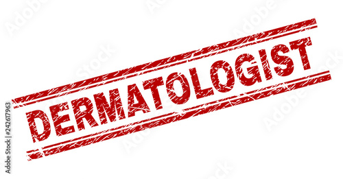 DERMATOLOGIST seal print with distress texture. Red vector rubber print of DERMATOLOGIST tag with unclean texture. Text tag is placed between double parallel lines.
