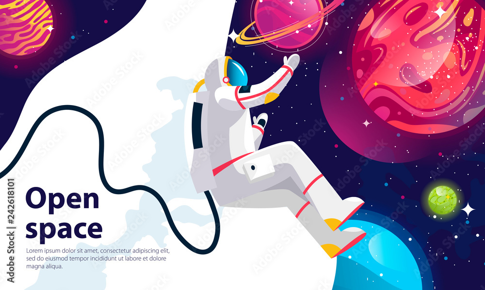 Vector image of an astronaut in outer space on the background of a set ...