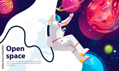 Vector image of an astronaut in outer space on the background of a set of planets and the starry sky, a template for a banner on the website