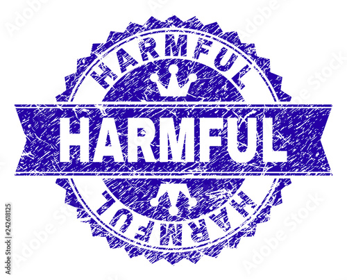HARMFUL rosette seal watermark with distress texture. Designed with round rosette, ribbon and small crowns. Blue vector rubber watermark of HARMFUL title with scratched texture.