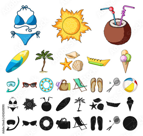 Summer rest cartoon, black icons in set collection for design. Beach accessory vector symbol stock web illustration.