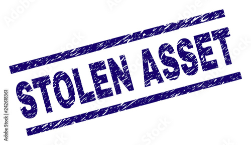 STOLEN ASSET seal print with distress style. Blue vector rubber print of STOLEN ASSET tag with dirty texture. Text title is placed between parallel lines.