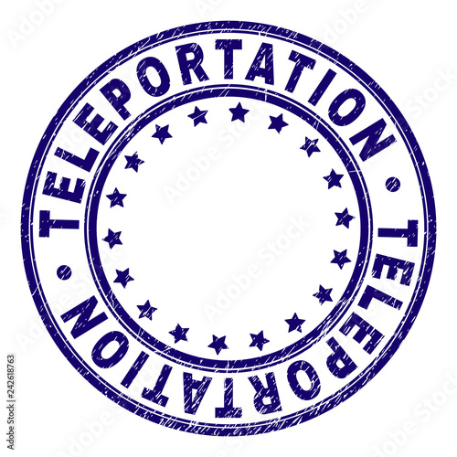 TELEPORTATION stamp seal watermark with distress texture. Designed with circles and stars. Blue vector rubber print of TELEPORTATION tag with corroded texture.