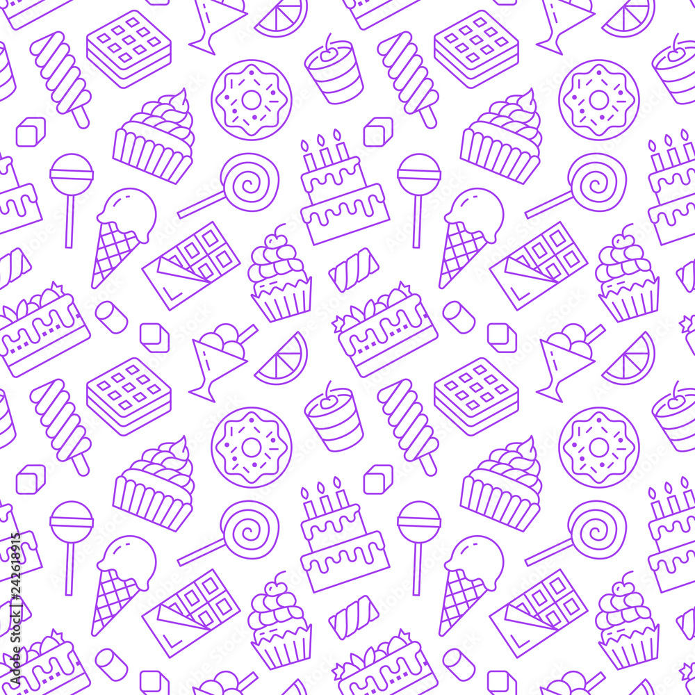 Sweet food seamless pattern with flat line icons. Pastry vector illustrations - lollipop, chocolate bar, milkshake, cookie, birthday cake, candy shop. Cute purple white background for confectionery