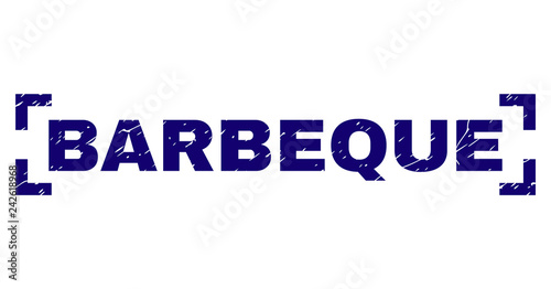 BARBEQUE label seal print with corroded effect. Text tag is placed inside corners. Blue vector rubber print of BARBEQUE with corroded texture.