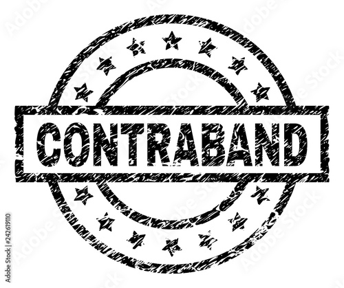 CONTRABAND stamp seal watermark with distress style. Designed with rectangle, circles and stars. Black vector rubber print of CONTRABAND label with retro texture.