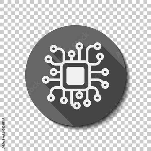 Processor chip, computer microchip, cpu chipset. Technology icon. flat icon, long shadow, circle, transparent grid. Badge or sticker style