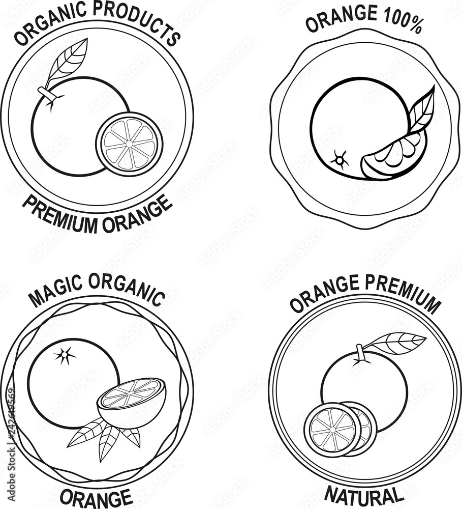 Badge for label or package, orange as icon, set of seals, round lemon ...