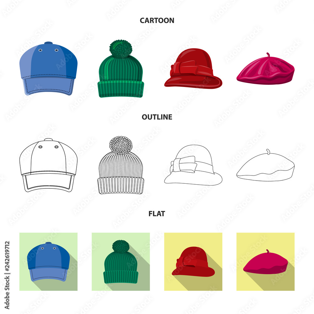 Isolated object of headgear and cap sign. Set of headgear and accessory stock symbol for web. Isolated object of headgear and cap sign. Set of headgear and accessory stock symbol for web.