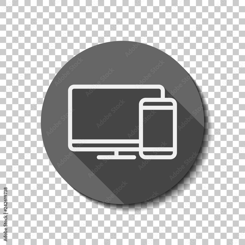 Computer and phone, outline linear icon. flat icon, long shadow, circle, transparent grid. Badge or sticker style Computer and phone, outline linear icon. flat icon, long shadow, circle, transparent grid. Badge or sticker style