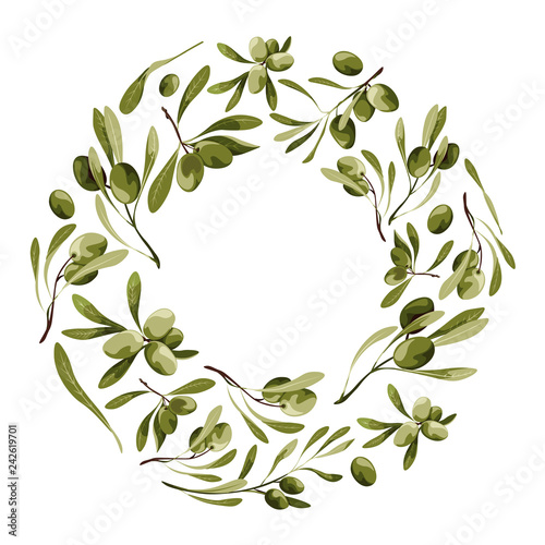 Vector wreath with olive tree. Nature frame with vegetables with leaves