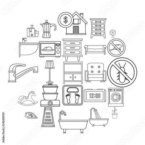 Comfortable house icons set. Outline set of 25 comfortable house vector icons for web isolated on white background