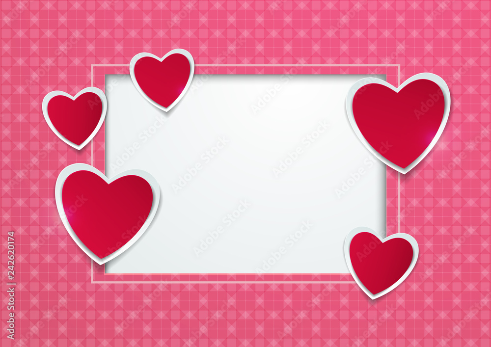 Hearts cut from paper with square frame pattern background Hearts cut from paper with square frame pattern background