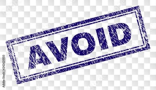 AVOID stamp seal watermark with rubber print style and double framed rectangle shape. Stamp is placed on a transparent background. Blue vector rubber print of AVOID title with unclean texture.